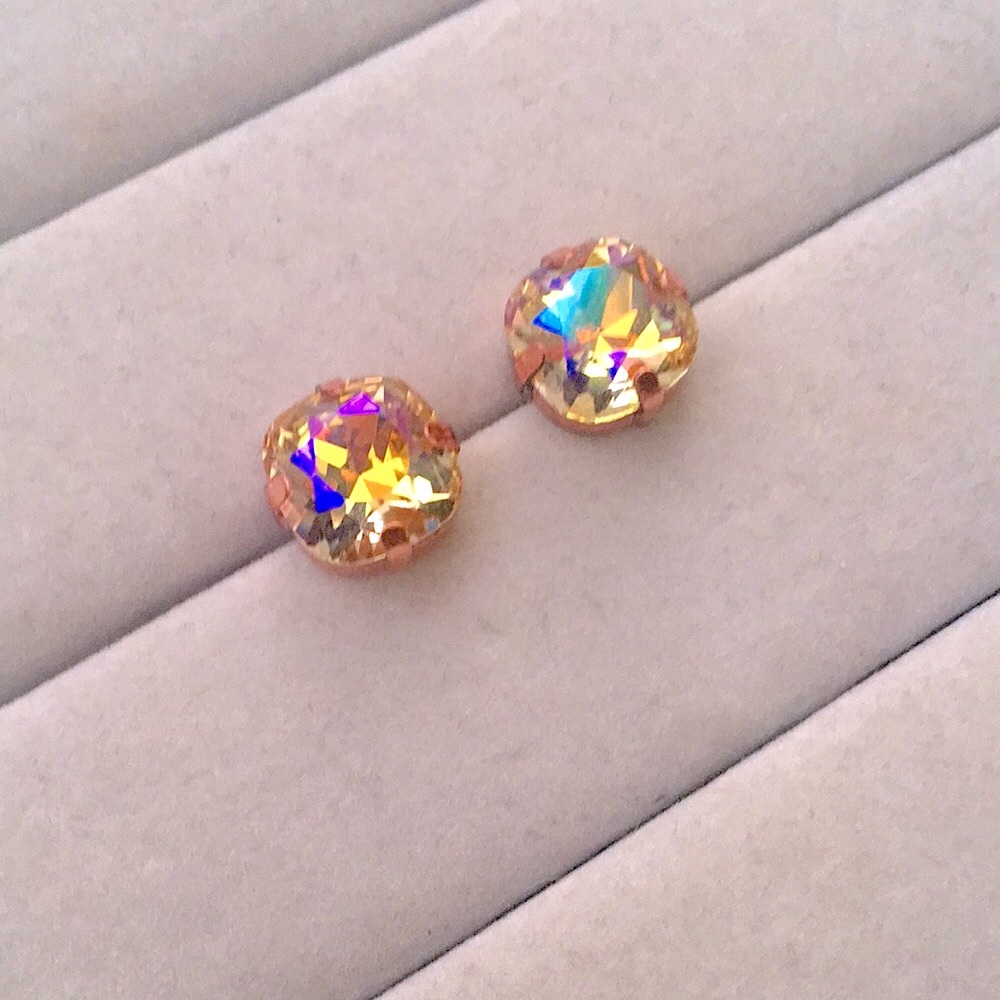 Iridescent Champagne Topaz Sparkle + Rose Gold Cushion Cut Crystal Earrings - Picture 7 of 8